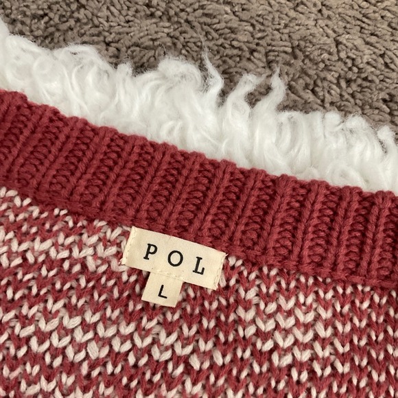 POL Anthropologie Leopard Print Cable Knit V Neck Sweater Burgundy Peach Sz L - Picture 8 of 10